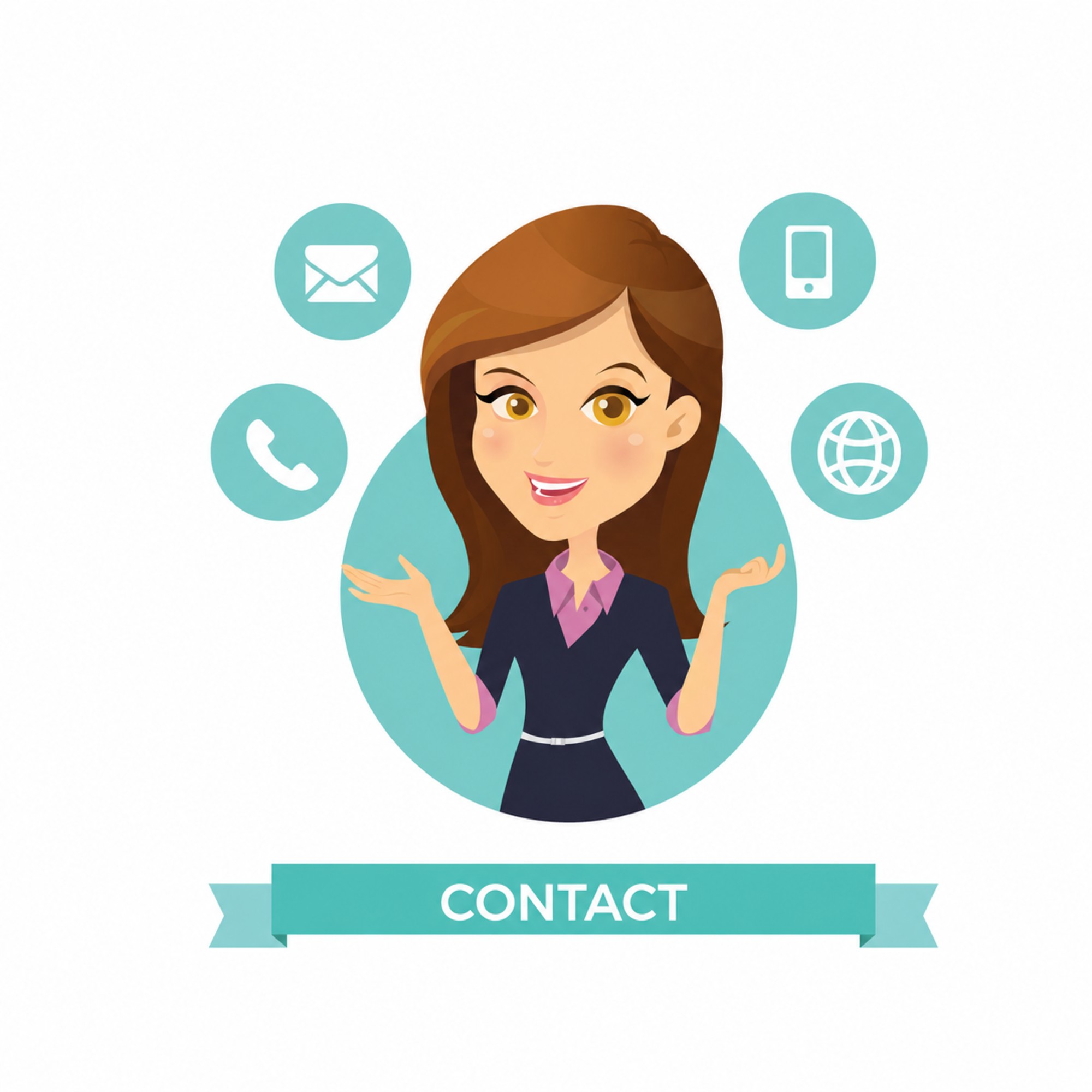 Cartoon customer support representative surrounded by contact icons including email, phone, mobile, and website.
