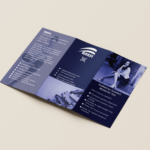 Blue tri-fold footwear brochure featuring brand details, product highlights, and a lifestyle image.