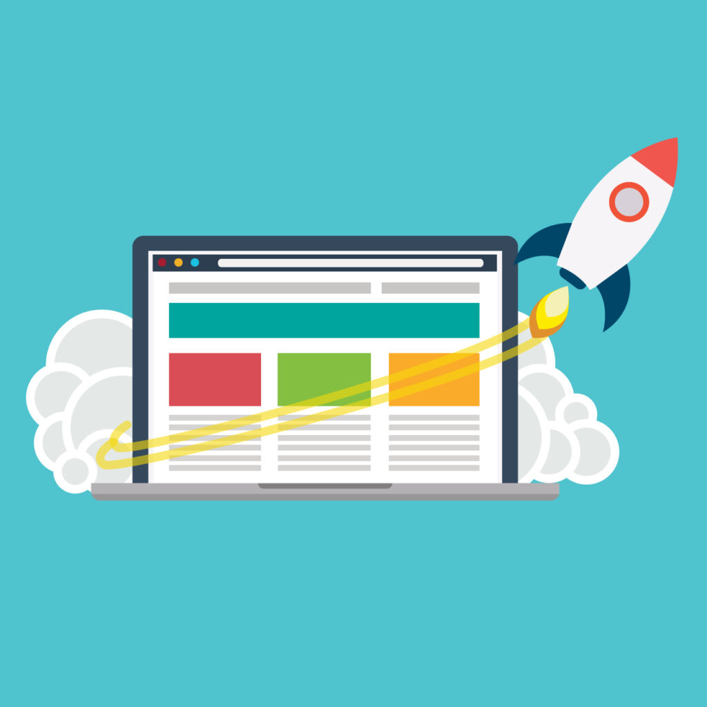Illustration of a website on a laptop screen with a rocket launching, symbolizing website speed and performance improvement.