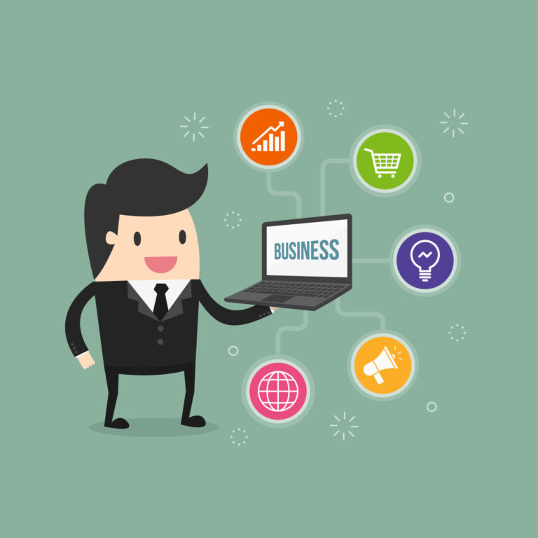 Cartoon business professional holding a laptop with icons representing growth, e-commerce, innovation, marketing, and online presence.